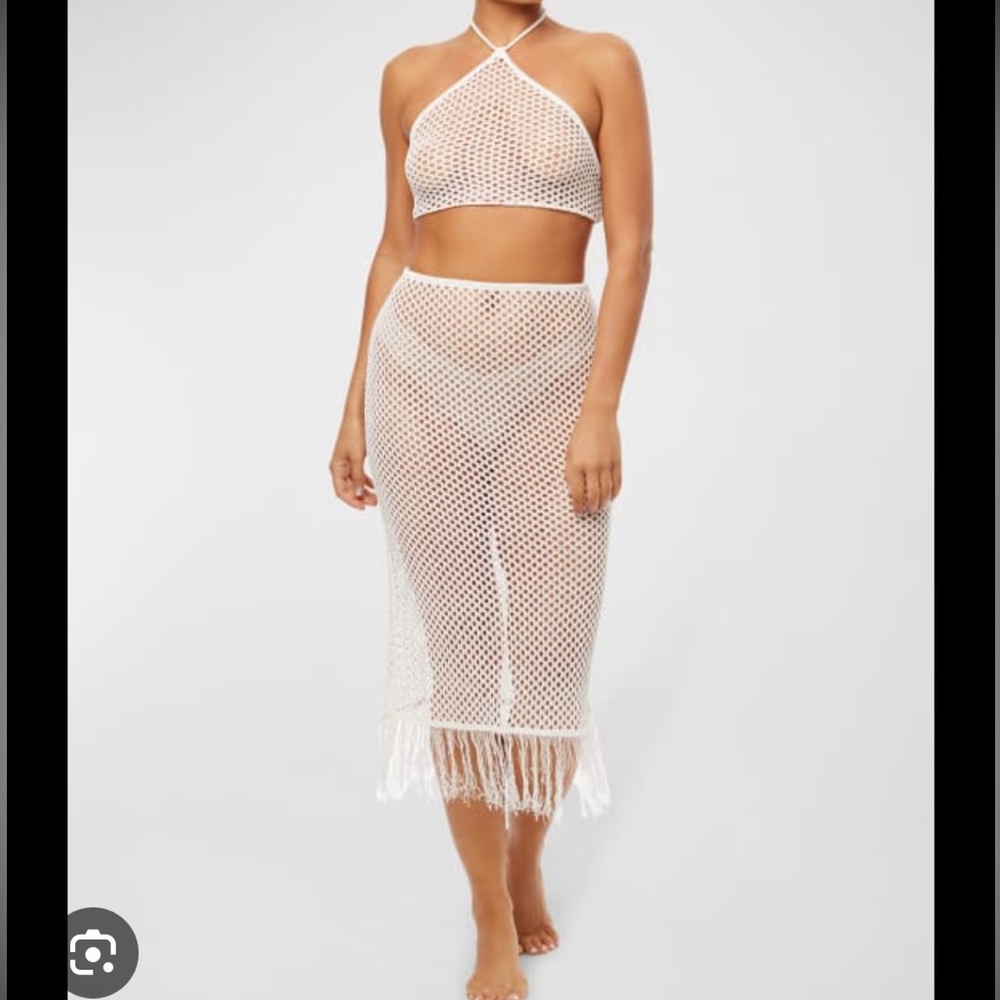 Weworewhat SET. Crochet halter top and crochet fishnet midi skirt XS NWT